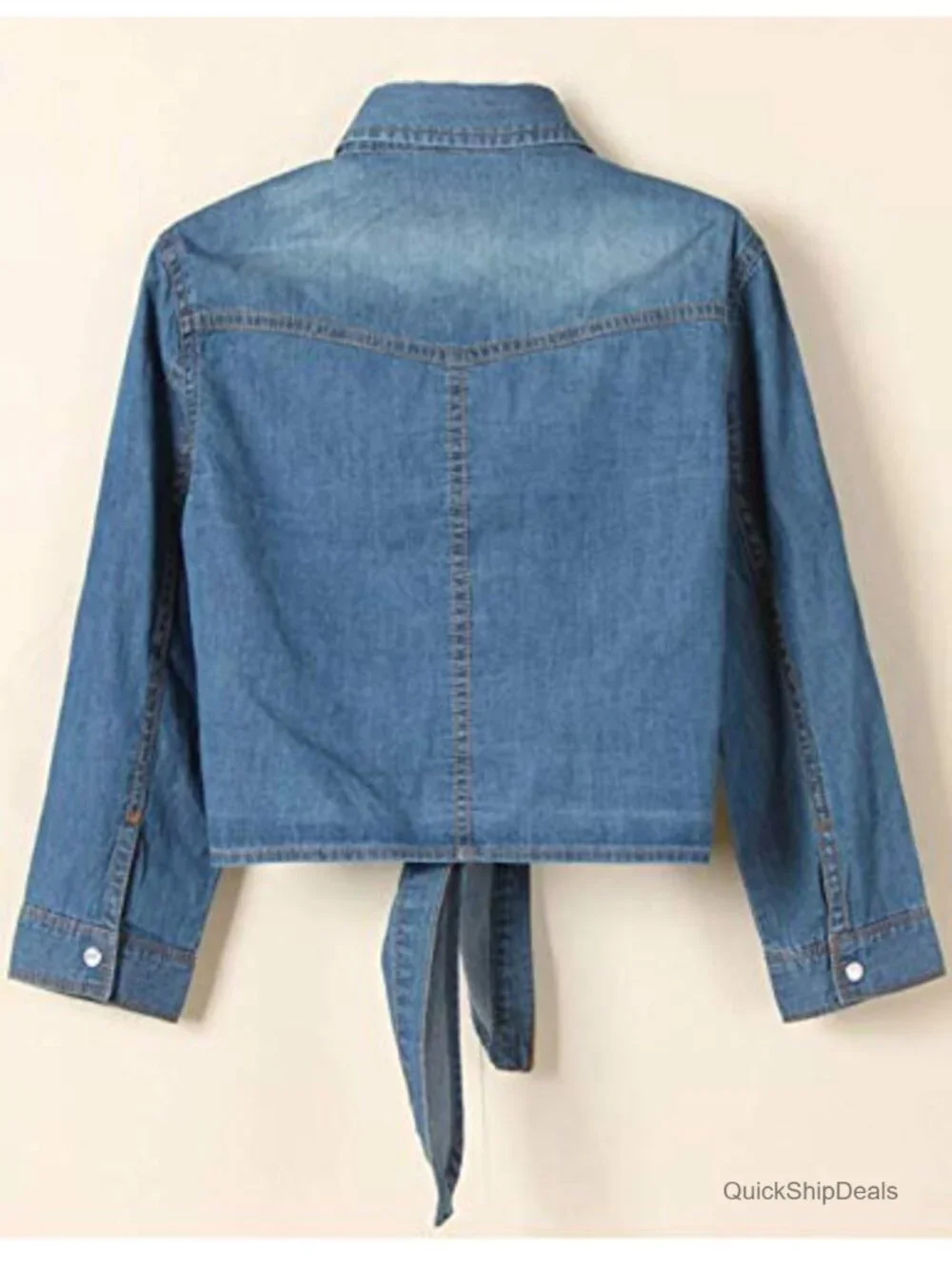 Roll Up 3/4 Sleeve Tie Front Knot Crop Shirt Chambray Denim Top